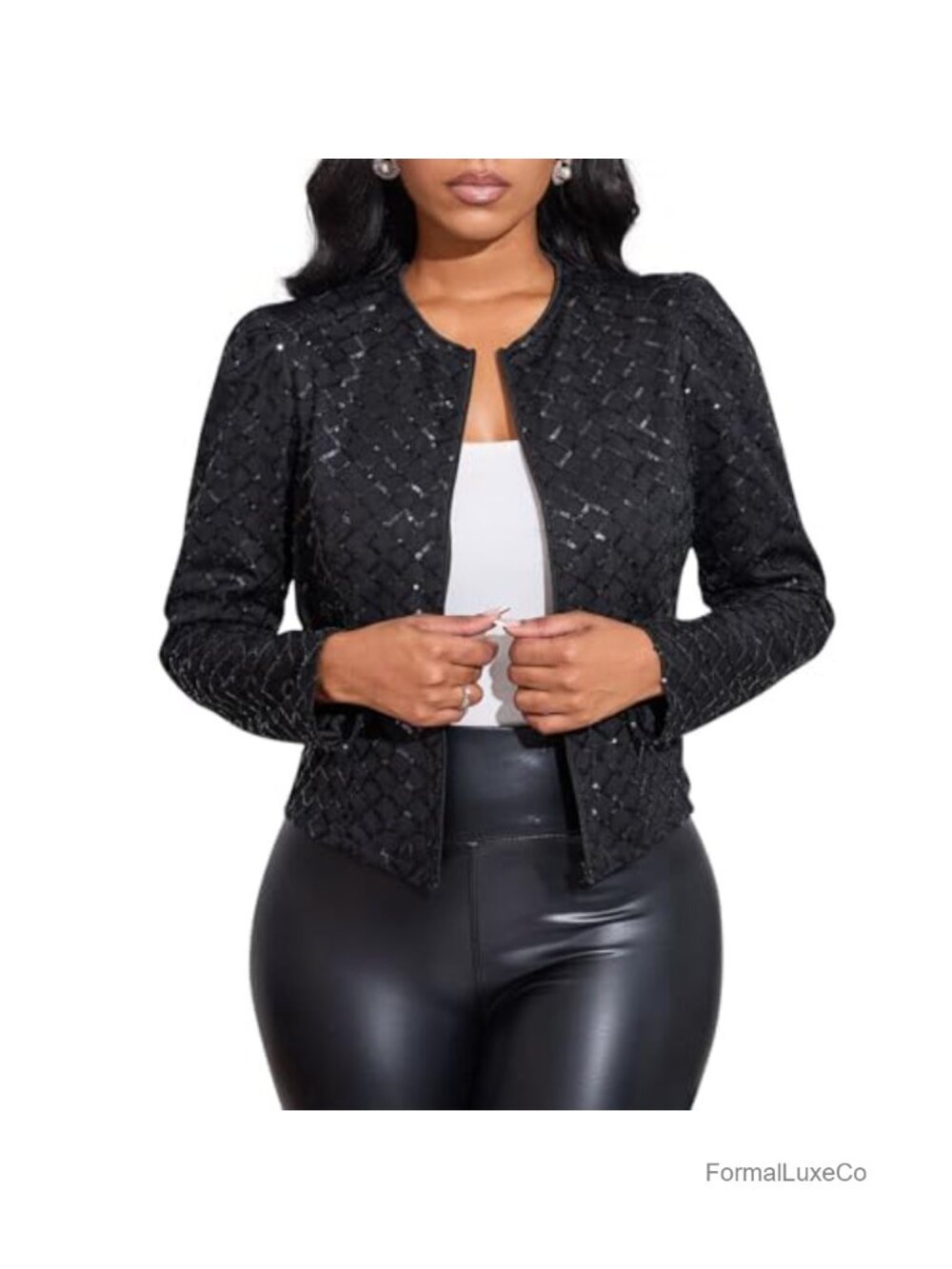 Sequin Open Front Cardigan Long Sleeve Cropped Shrug Bolero Jacket